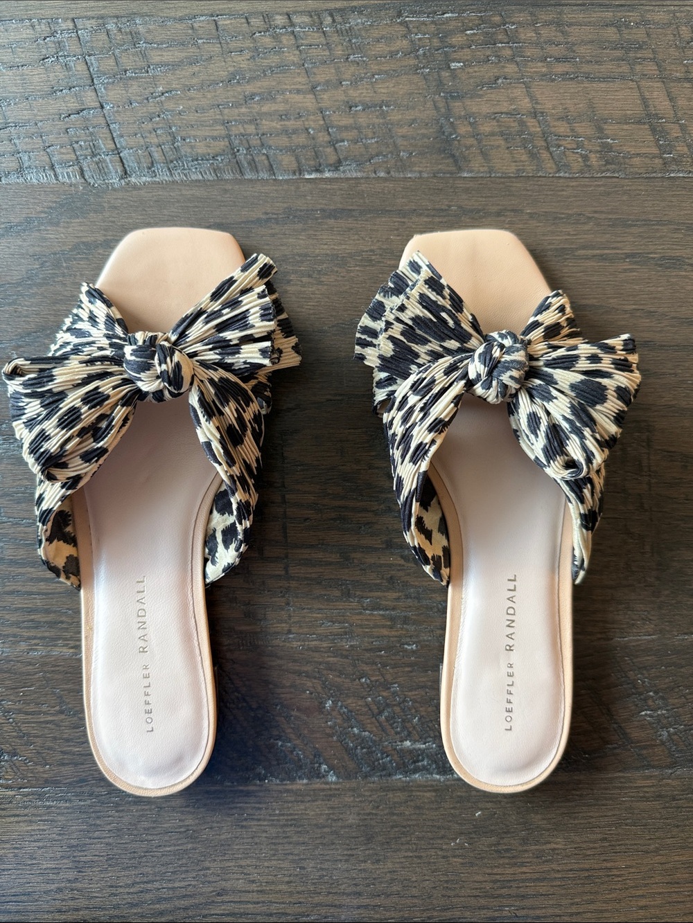 Loeffler Randall Leopard-Print Bow Slide Sandals in Beige and Black